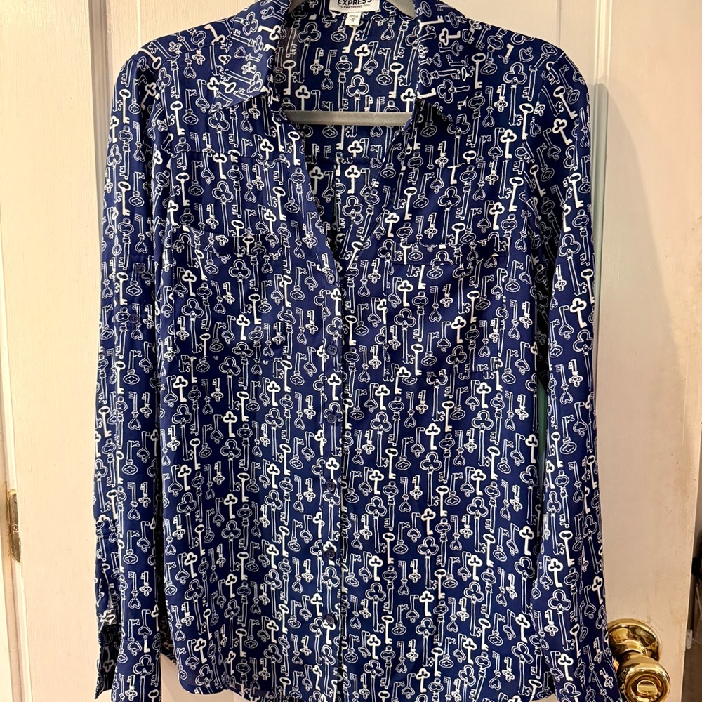 Express Navy & White Key Pattern Button-Down Shir… - image 1